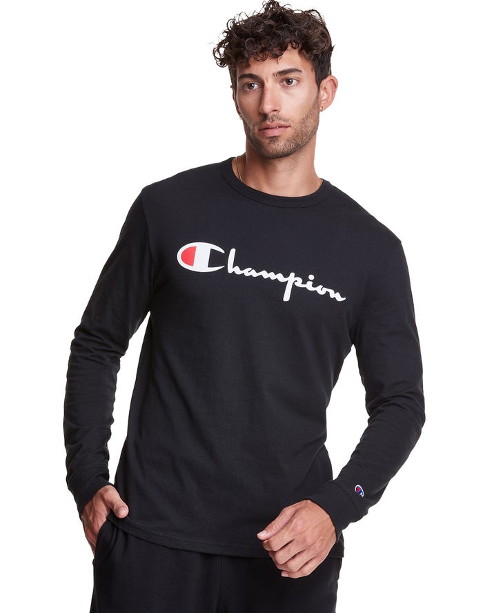 Champion Long-Sleeve Lightweight Script Logo - Miesten Mustat T-Paita - Suomi 1092754-RU